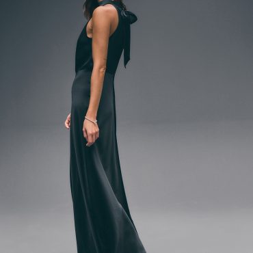 Navy Blue Textured Satin Halter Sleeveless Midi Dress