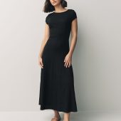 Black Cap Sleeve Jacquard Midi Dress