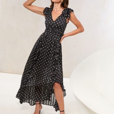 Lipsy Monochrome Spot Sleevless Ruffle Belted Maxi Dress