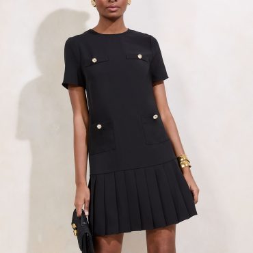 Lipsy Black Short Sleeve Military Button Pleated Mini Dress