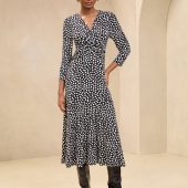 Lipsy Black/White Spot V-Neck Twist Underbust Jersey Midi Dress