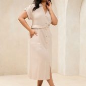 Lipsy Neutral Curve Short Sleeve Linen Look Button Down Midi Shirt Dress