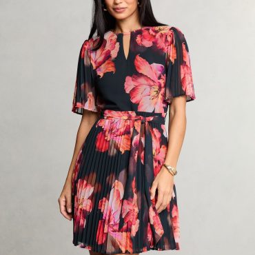 Lipsy Black Floral Pleated Mini Shift Dress