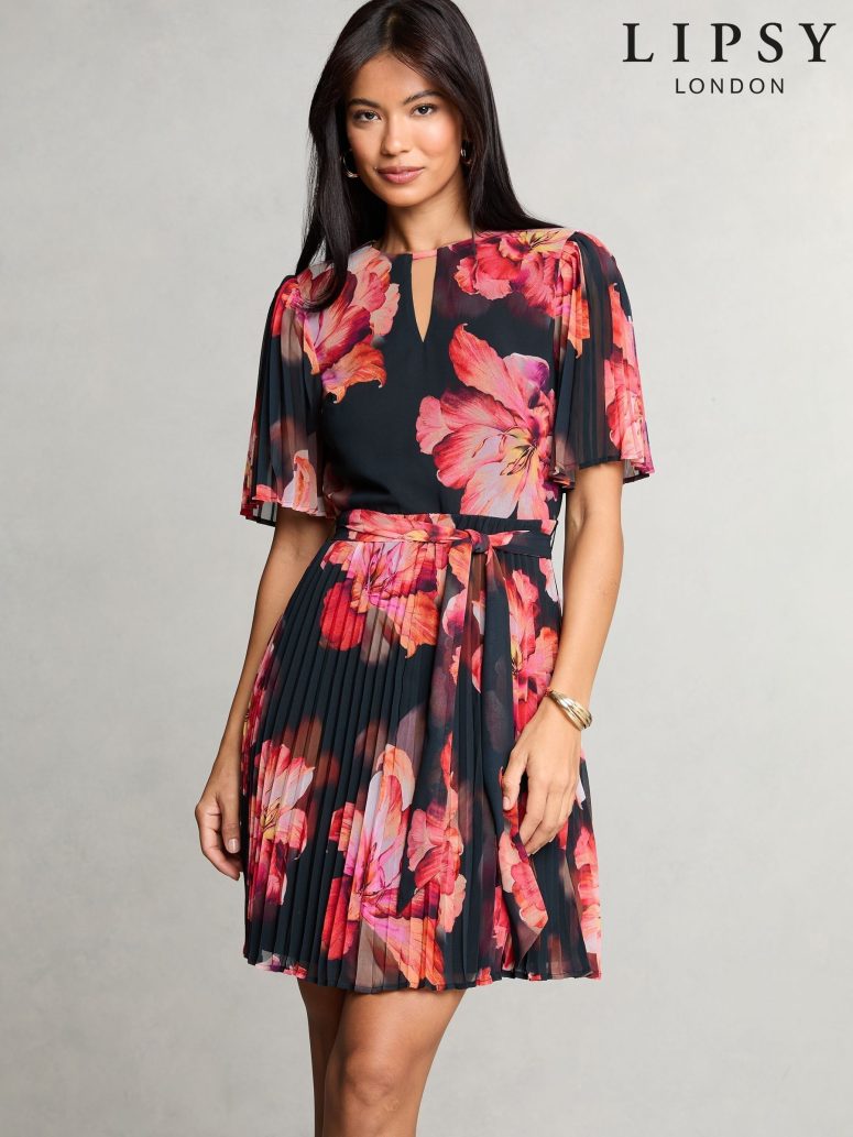 Lipsy Black Floral Pleated Mini Shift Dress