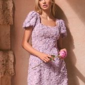 Lipsy Purple Lilac Textured 3D Floral Short Sleeve Skater Mini Dress