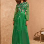 Love & Roses Bright Green Embroidered Angel Sleeve Maxi Dress