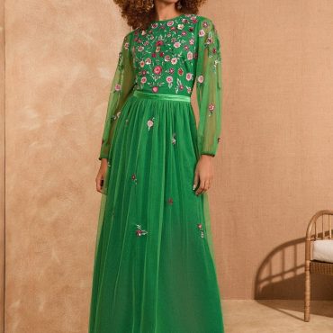 Love & Roses Bright Green Embroidered Angel Sleeve Maxi Dress