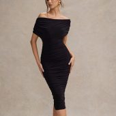 Club L London Black Rayleigh Bardot Ruched Midi Dress