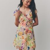 Multicoloured Floral Print Boho Mesh V-Neck Flutter Sleeve Mini Dress