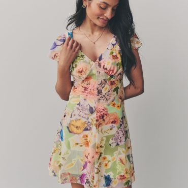 Multicoloured Floral Print Boho Mesh V-Neck Flutter Sleeve Mini Dress
