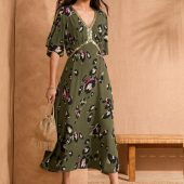 Love & Roses Khaki Green Animal Sequin Angel Sleeve Midi Dress