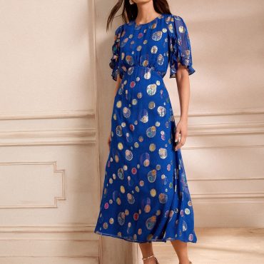 Love & Roses Cobalt Blue Spot Metallic Crew Neck Short Sleeve Midi Dress