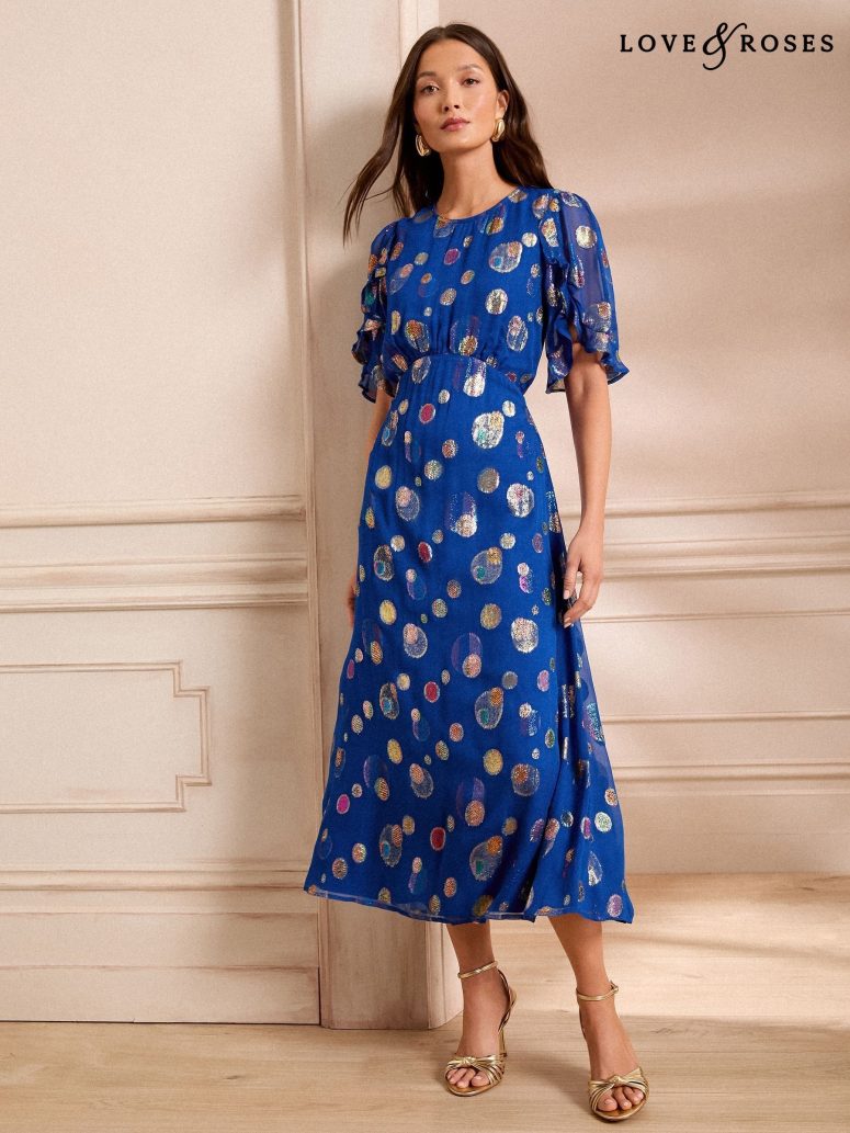 Love & Roses Cobalt Blue Spot Metallic Crew Neck Short Sleeve Midi Dress