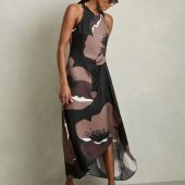 Reiss Brown Michalie Petite Satin Floral Tuck Midi Dress