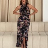 Girl In Mind Black Amani Ruched Halter Neck Midi Dress