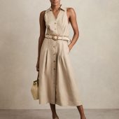 Reiss Neutral Annie Linen Belted Sleeveless Midi Dress