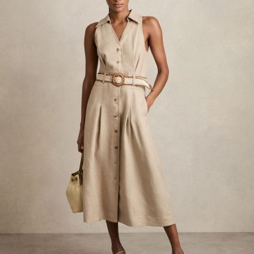 Reiss Neutral Annie Linen Belted Sleeveless Midi Dress