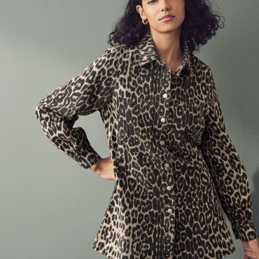 Leopard Print Button Down Mini Denim 100% Cotton Dress