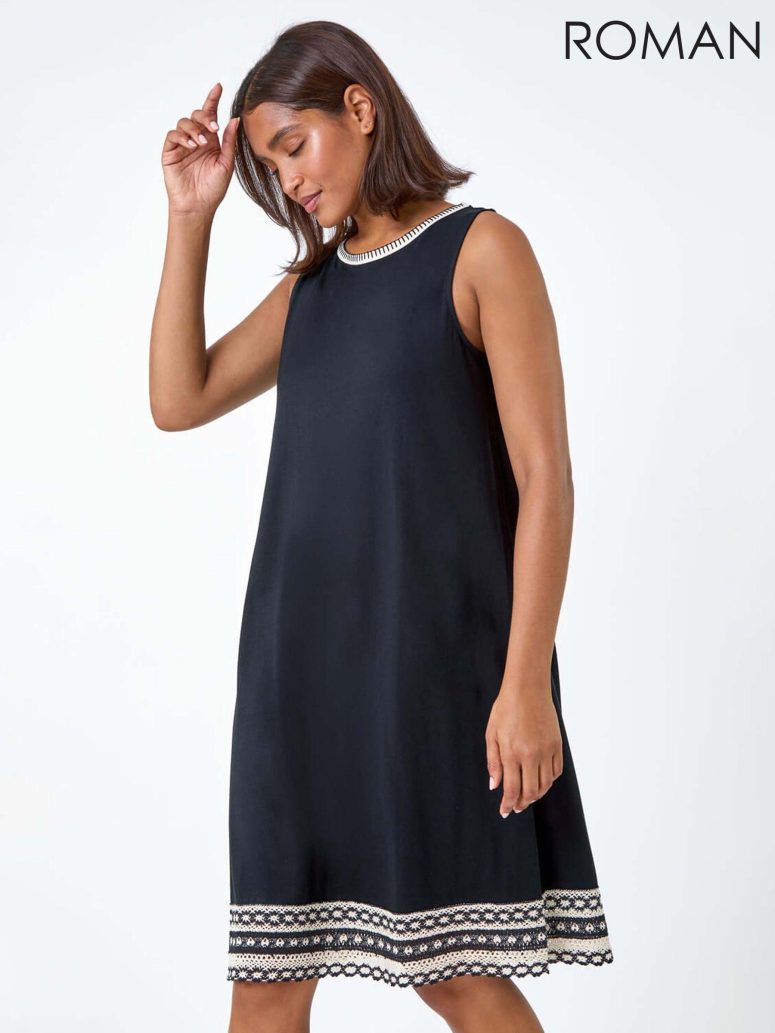 Roman Black Embroidered Trim Stretch Jersey Shift Dress