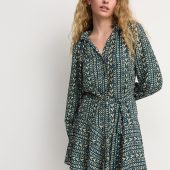 Blue/Cream Heart Print Boho Tie Waist Long Sleeve Mini Shirt Dress