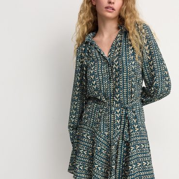 Blue/Cream Heart Print Boho Tie Waist Long Sleeve Mini Shirt Dress