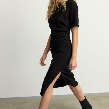 Black Ruched Short Sleeve Midi Dress