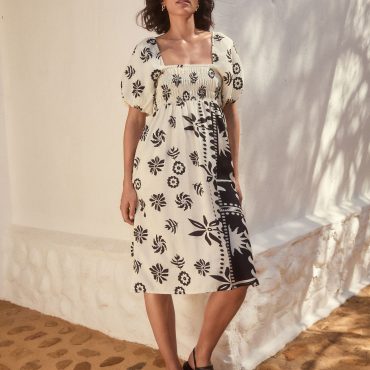 Monochrome Puff Sleeve Off Shoulder Midi Dress