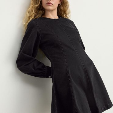 Black Long Sleeve Seam Detail Denim Dress