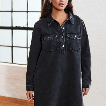 Black Half Placket Denim 100% Cotton Mini Dress