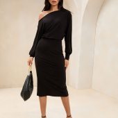 Lipsy Black Slash Neck Jersey Bodycon Midi Dress
