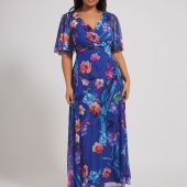 Yours Curve Blue London Floral Wrap Mesh Maxi Dress
