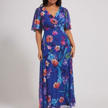 Yours Curve Blue London Floral Wrap Mesh Maxi Dress