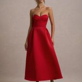 Club L London Red Wintour Satin Sweetheart Midi Dress