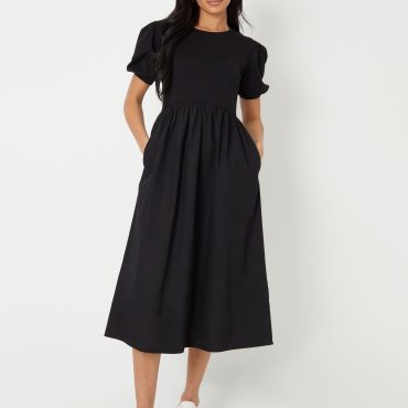 Threadbare Black 100% Cotton Puff Sleeve Jersey Poplin Mix Maxi Dress