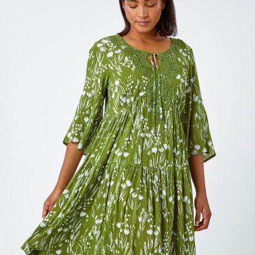Roman Green Floral Print Lace Detail Smock Dress