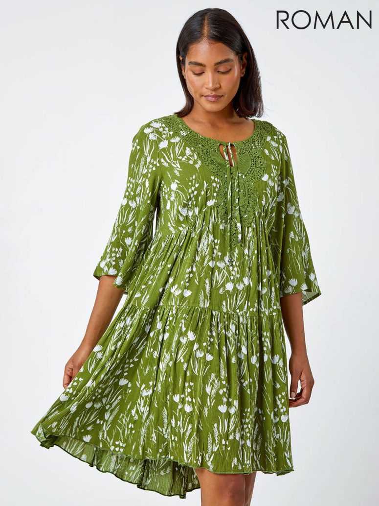Roman Green Floral Print Lace Detail Smock Dress