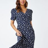 Roman Blue Polka Dot Ruched Sleeve Midi Dress
