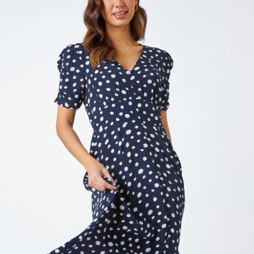 Roman Blue Polka Dot Ruched Sleeve Midi Dress