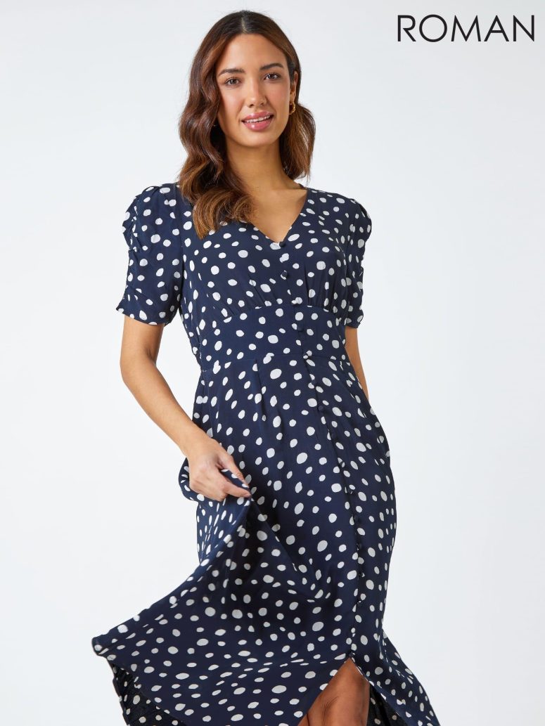 Roman Blue Polka Dot Ruched Sleeve Midi Dress