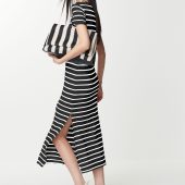 Black/White Ribbed T-Shirt Style Column Maxi Dress With Slit Detail