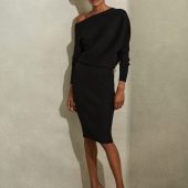 Reiss Black Lara Off-The-Shoulder Ribbed Midi Dress