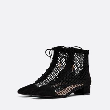 Black Nets Lace Up Summer Booties Block Heel Ankle Boots