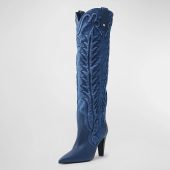 Blue Denim Pointed Toe Stitch Detailing Chunky Heel Knee High Boots