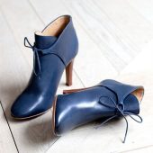 Navy Blue Lace-Up Boots Round Toe Block Heel Booties for Women