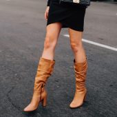 Women's Tan Almond Toe Chunky Heel Mid-Calf Slouch Boots with Zip