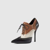 Vintage Tricolor Pointed Toe Brogue Inspired Lace Up Oxford Heels