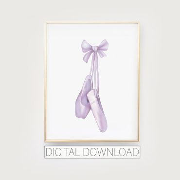 purple ballet shoe print, ballerina slippers watercolor, dance wall art printable, dancer themed room, big girls room decor, purple slippers