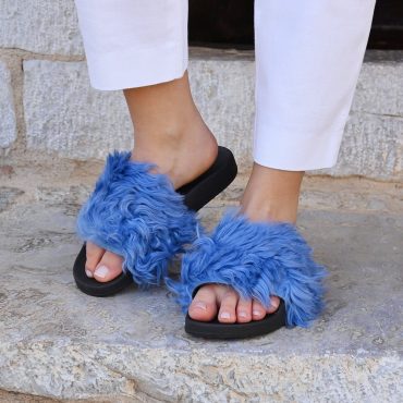 Womens Slides Blue Fluffy Sheepskin Boucle Slippers Indoor Outdoor Use Fashionable Elevated Casual