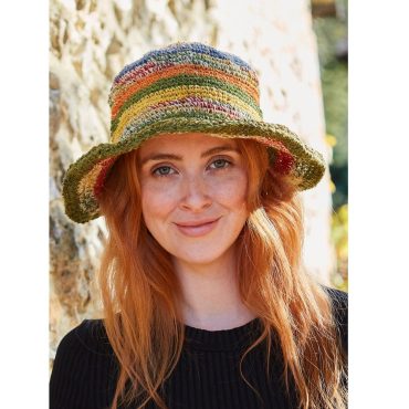 Women's Hemp & Cotton Summer Hat - Adjustable Wire Brim - Bucket Hat - Hand Crochet Sun Hat - Rainbow Stripe - Applique Flower