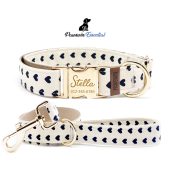 Cream Heart Dog Essential Bundle - Custom Dog Collar and Leash - Personalized Engraved Collar - Adjustable Size - Metal Buckle